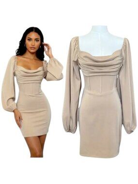 Princess Polly Mini Dress Beige Corset Cowl Neck S